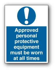 Approved personal protective equipment must be worn at all times