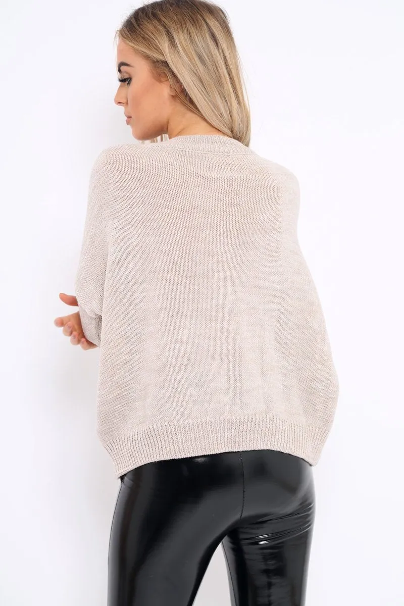 Beige Puff Sleeve Pearl Chunky Knit Jumper - Nancie