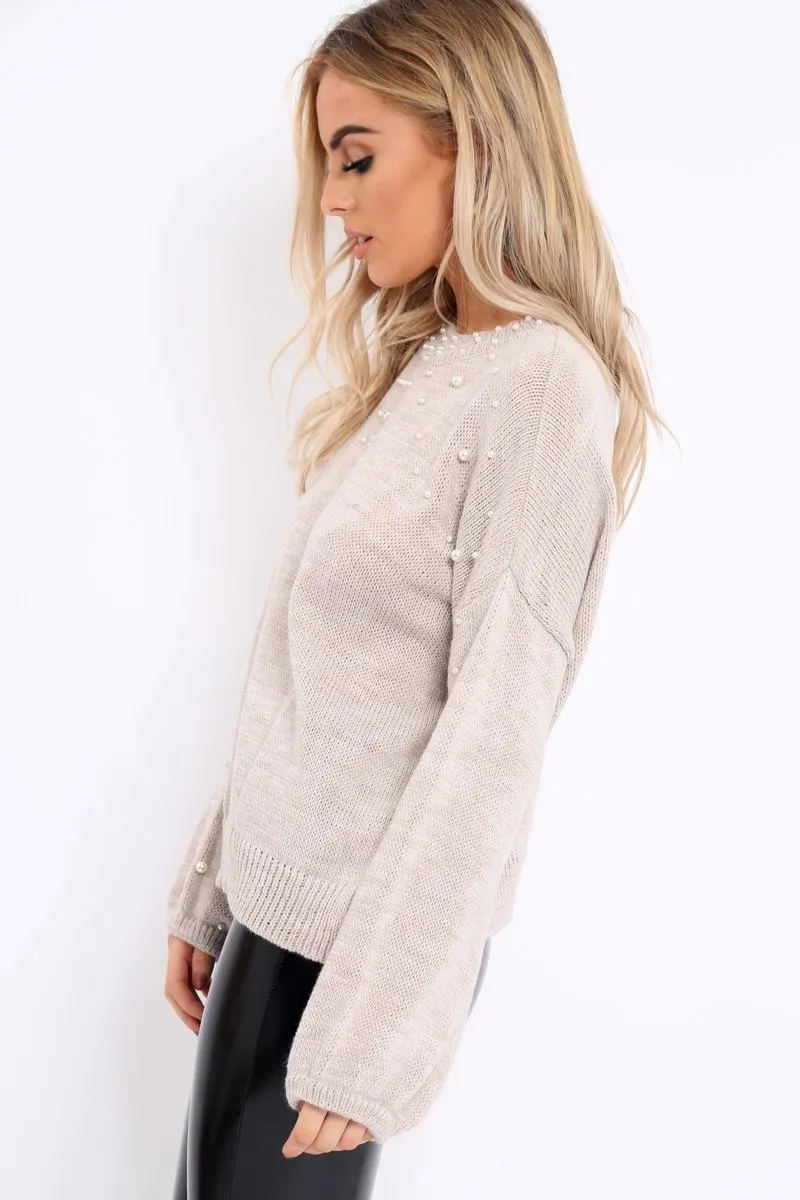 Beige Puff Sleeve Pearl Chunky Knit Jumper - Nancie