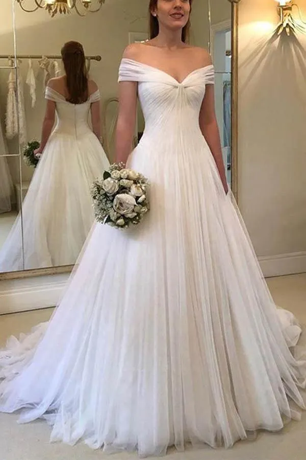 Elegant A-line Off the Shoulder Tulle Ivory Long Wedding Dresses  WD326