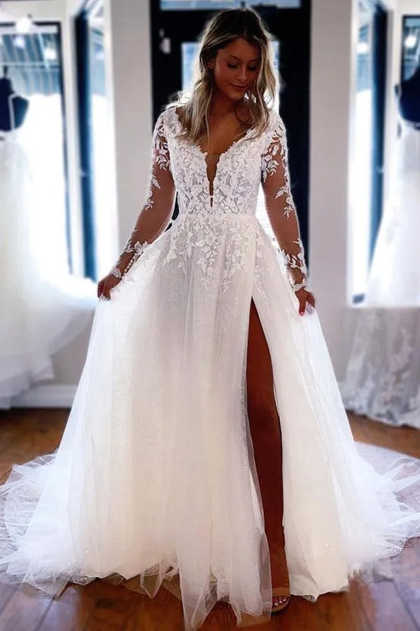 Elegant A-line V Neck Lace Long Sleeves Wedding Dresses WD588