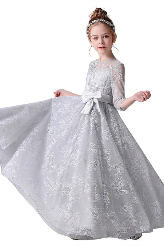 Elegant Appliques Long Sleeves Flower Girl Dress With Bowknot