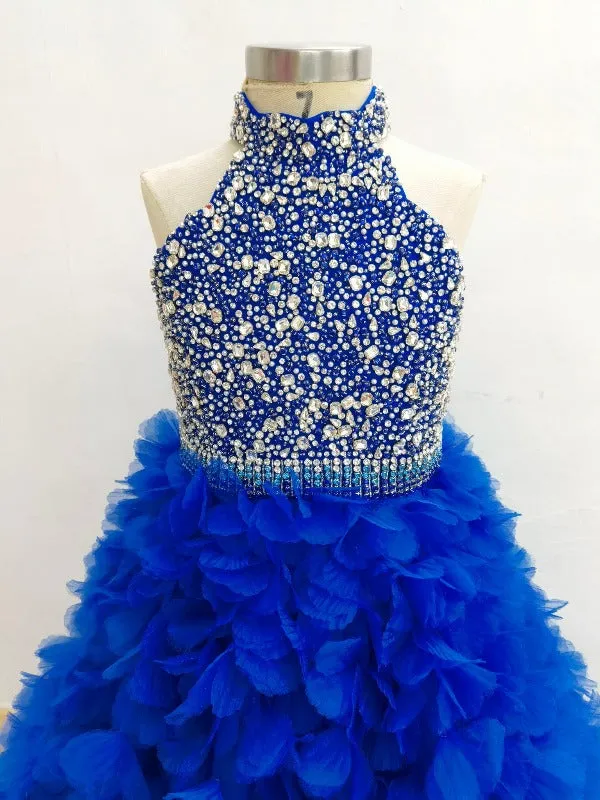 Halter Royal  Little Girl‘s Open Back sparkling jewels Elegant Pageant Gown