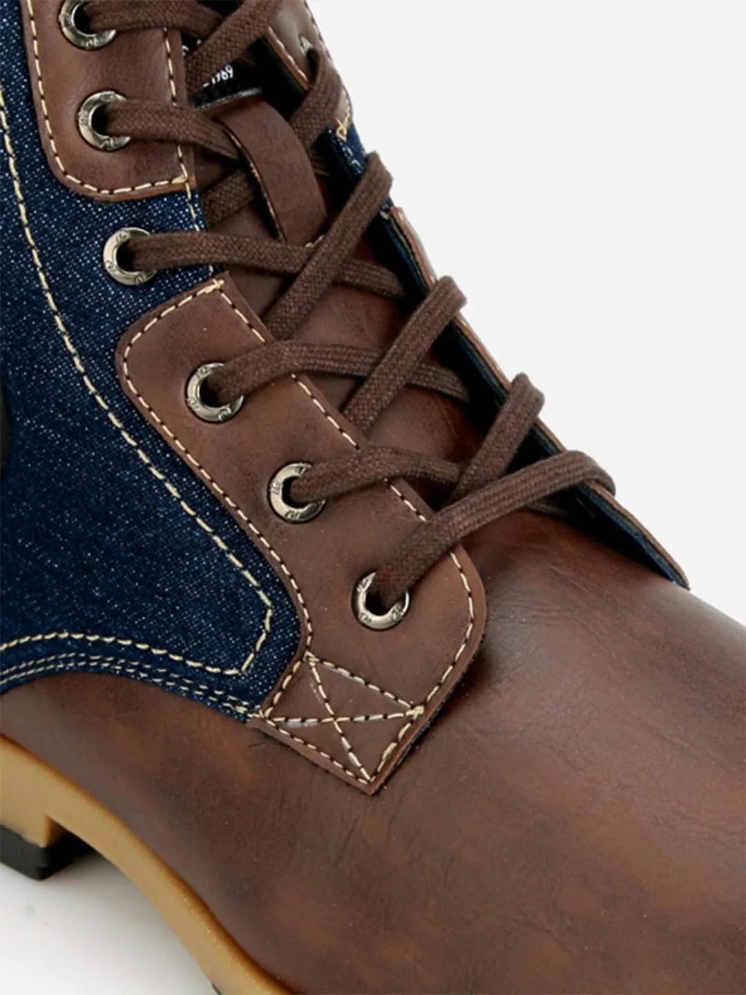 Men's Brown Leather Blue Denim Boot (IX1038)