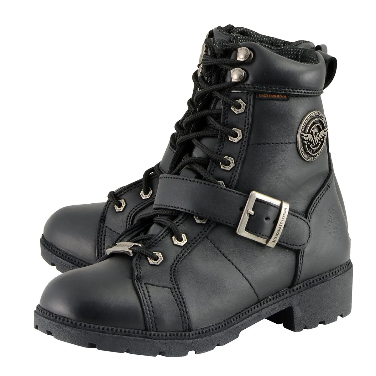 Milwaukee Leather MBL9326WP Women's Black Leather Lace-Up Waterproof Motorcyle Rider Boots with Side Zippers