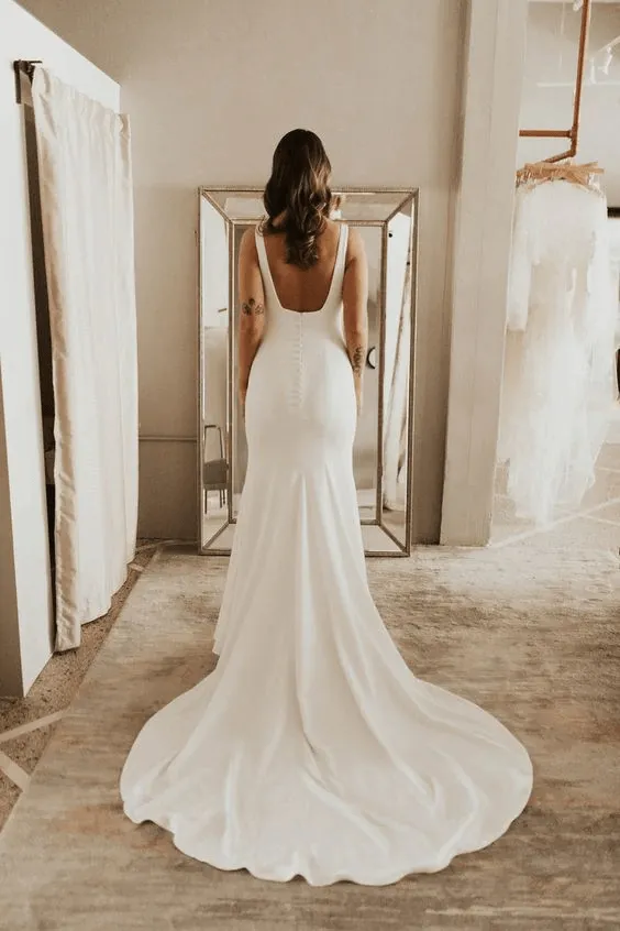 Simple Sheath Square Neck Long Backless Wedding Dress WD599