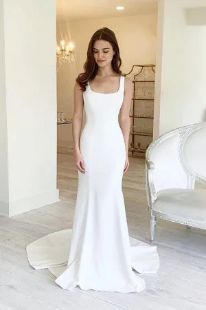 Simple Sheath Square Neck Long Backless Wedding Dress WD599