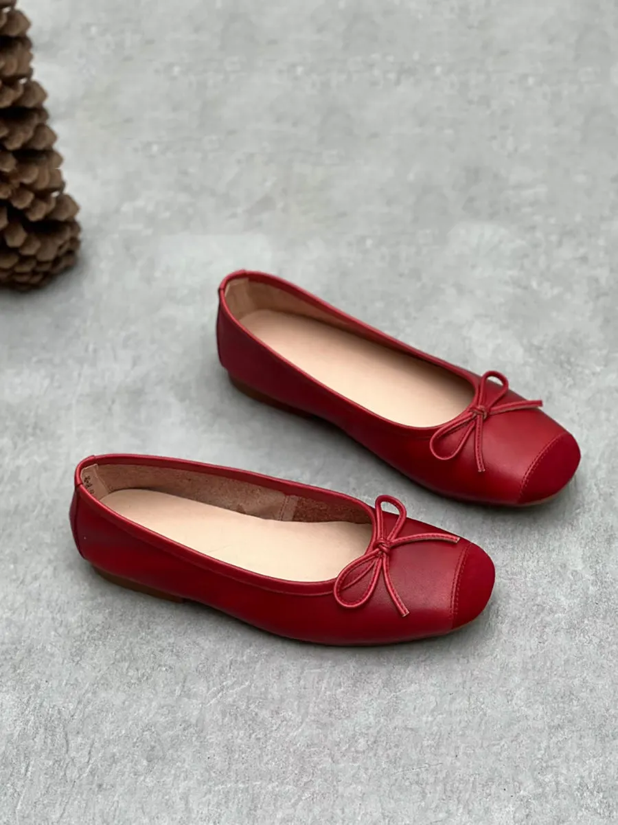 Women Summer Elegant Leather Solid Bowknot Flat Shoes